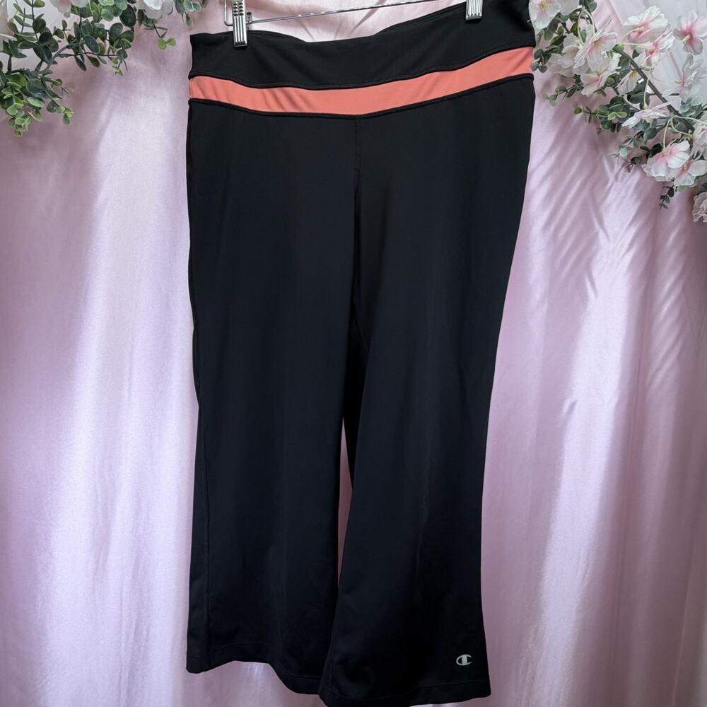 Champion Double Dry Black Athletic Leggings Orange Stripe Capri Size Medium